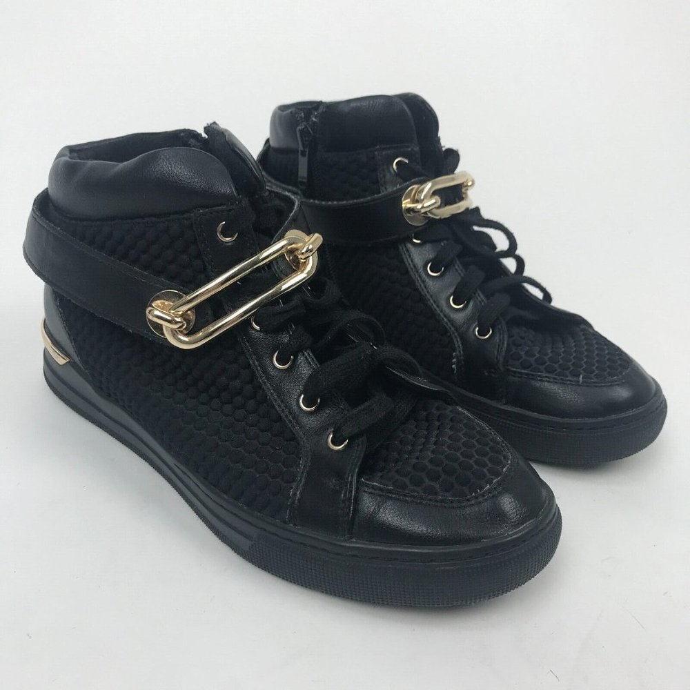ALDO Women's Black Gold Buckle High Top Sneakers Lace up Shoes Booties Size 8